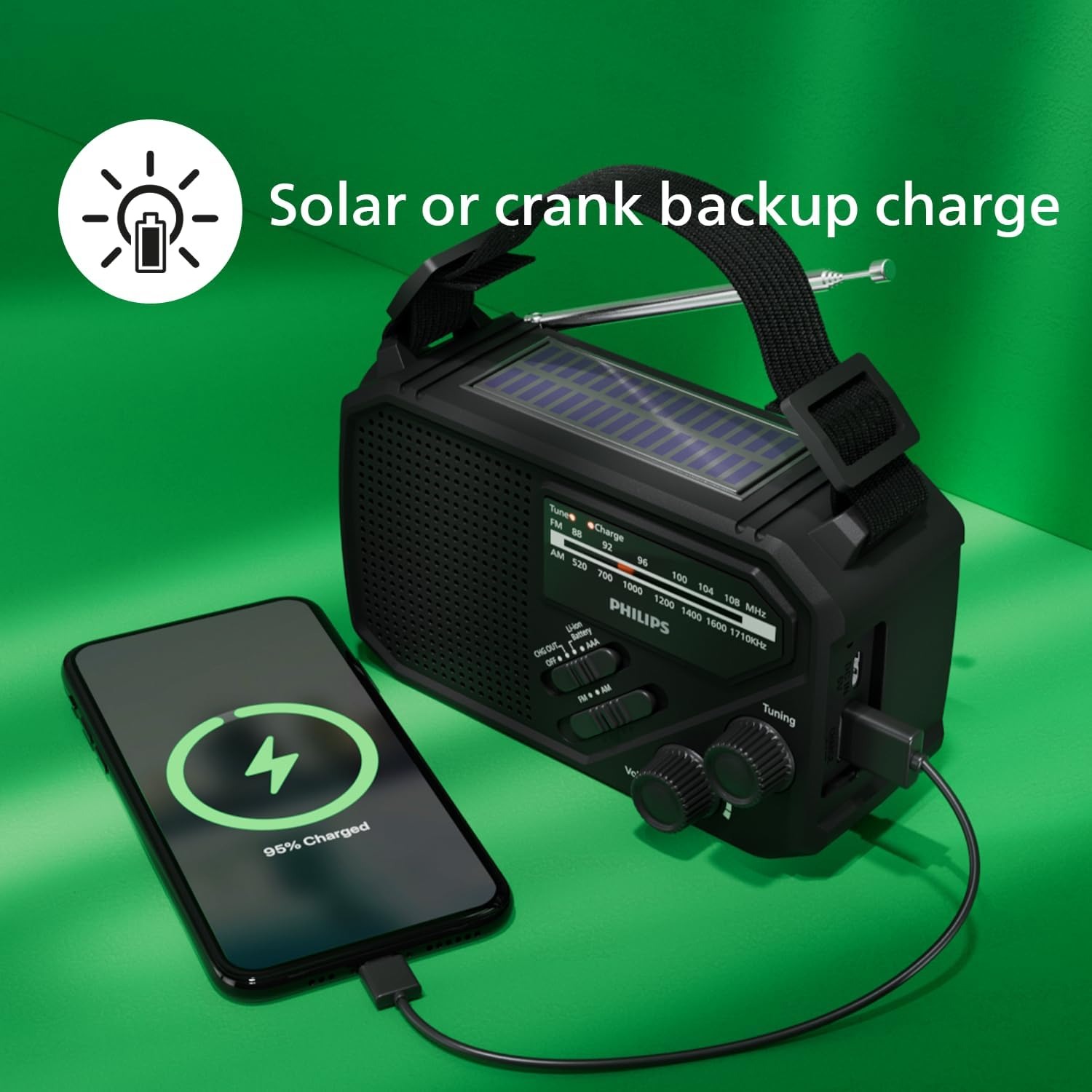 Philips TAR1609 Portable AM/FM Solar Crank Radio
